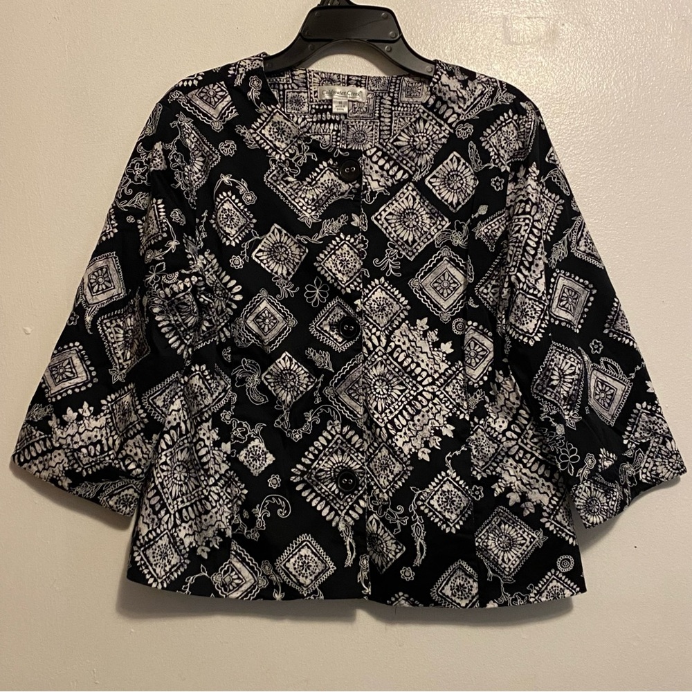 Coldwater Creek Black and White Boxy Jacket with Mandarin Collar Women’s Size 16